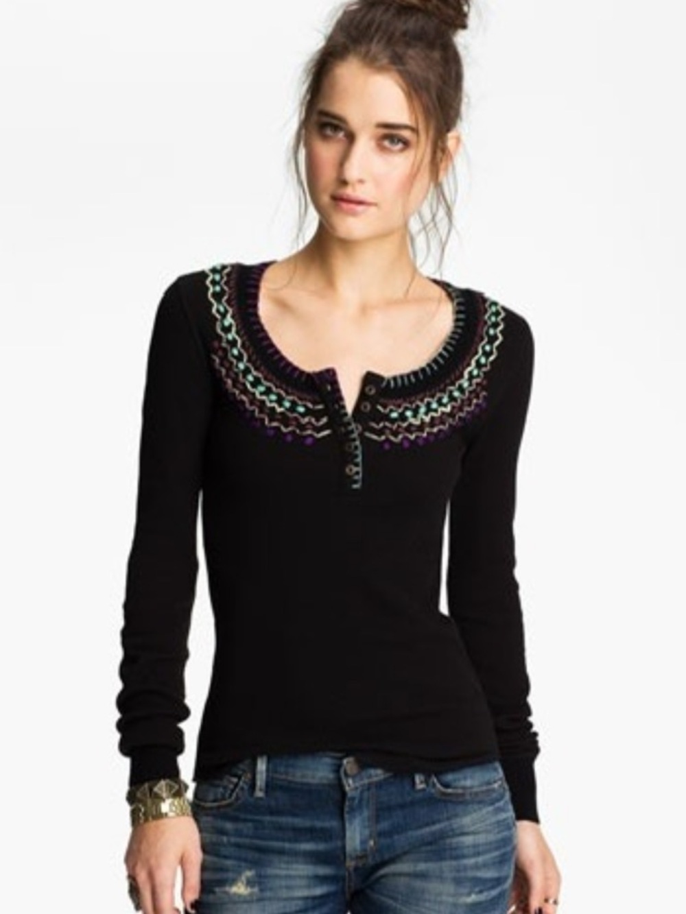 We The Free Embroidered Henley Thermal Top Black Long Sleeve Knit Cotton S